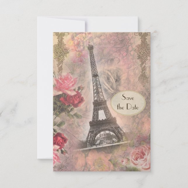 Shabby Chic Eiffel Tower & Roses Save the Date (Front)