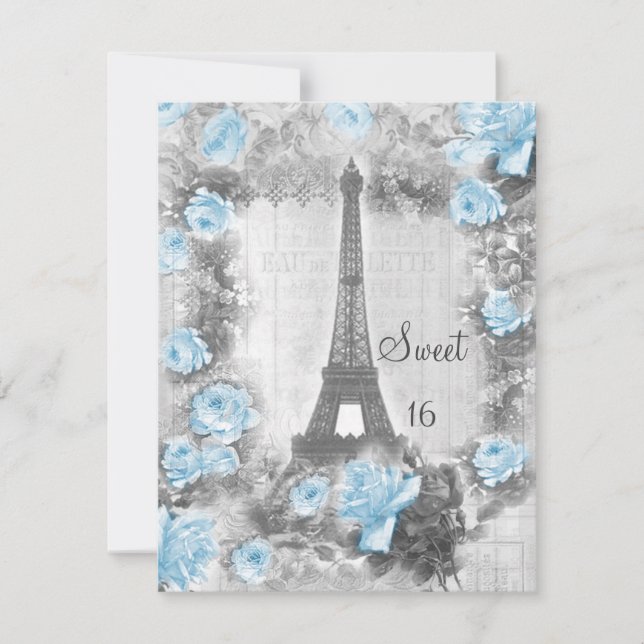 Shabby Chic Eiffel Tower & Roses Sweet 16 Invitation (Front)