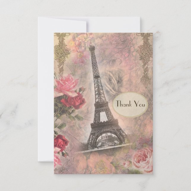Shabby Chic Eiffel Tower & Roses Wedding Thank You (Front)
