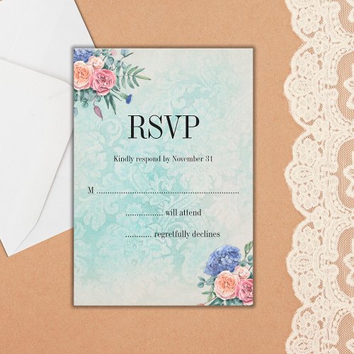 Shabby Chic Faded Wallpaper and Floral Wedding RSVP Card