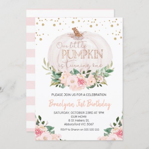 Shabby Chic Fall Pumpkin 1st Birthday Invitation