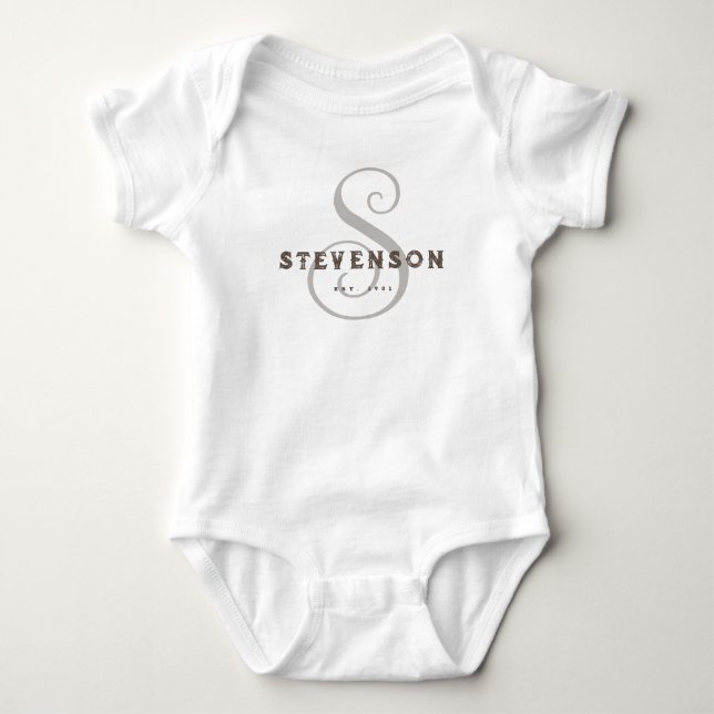 Shabby Chic Farmhouse Family Name Letter Est. Year Baby Bodysuit (Front)