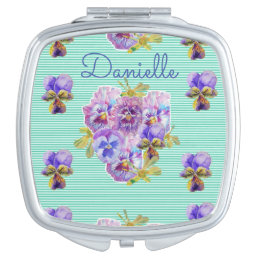 Shabby Chic floral Aqua Pansy Name Compact Mirror