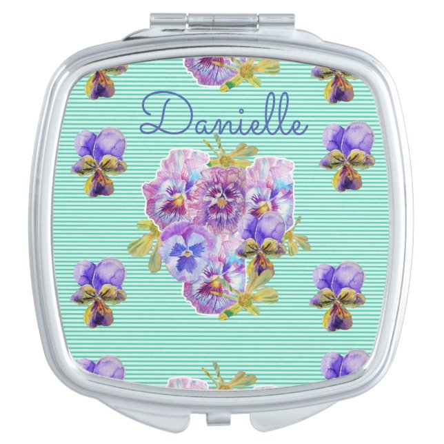 Shabby Chic floral Aqua Pansy Name Compact Mirror (Front)