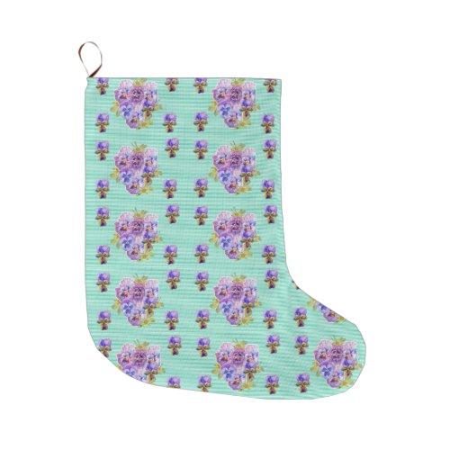 Shabby Chic Floral Aqua Stripe Christmas Stocking