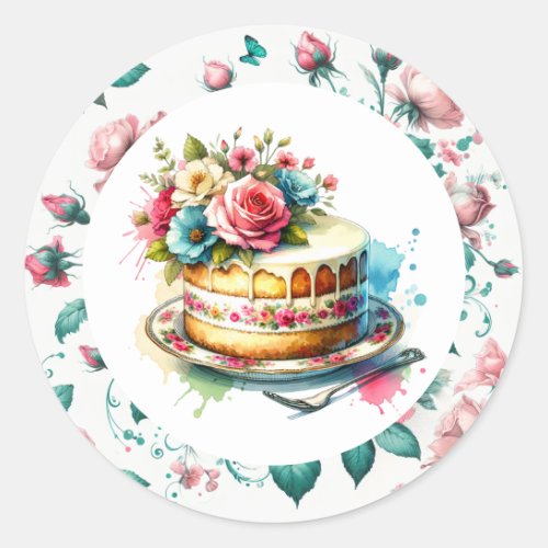 Shabby Chic Floral Birthday Cake Classic Round Sticker