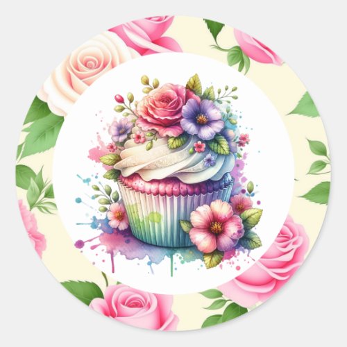 Shabby Chic Floral Birthday Cupcake Classic Round Sticker