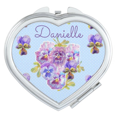 Shabby Chic floral Blue Pansy Name Compact Mirror