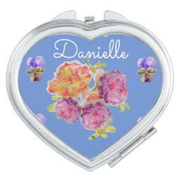 Shabby Chic floral Blue Rose Name Compact Mirror