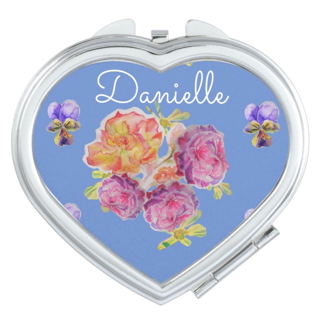 Shabby Chic floral Blue Rose Name Compact Mirror (Front)