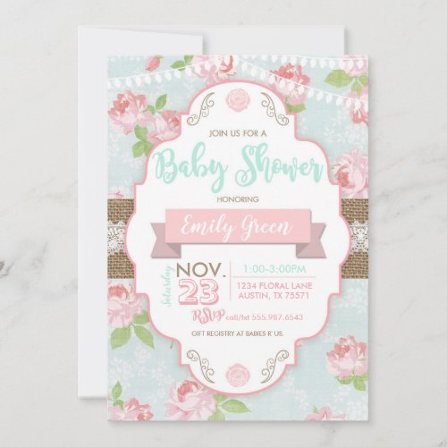 Shabby Chic Floral Burlap Baby Shower Invitation