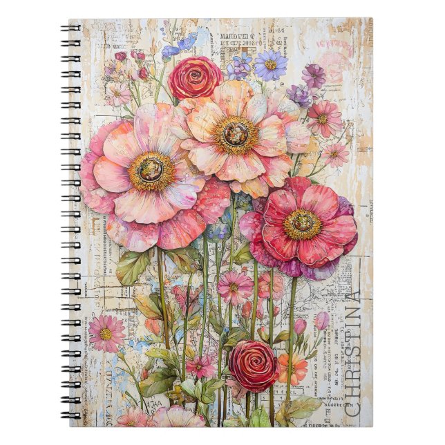Shabby Chic Floral Ephemera Pink Red Flowers S7L Notebook (Front)