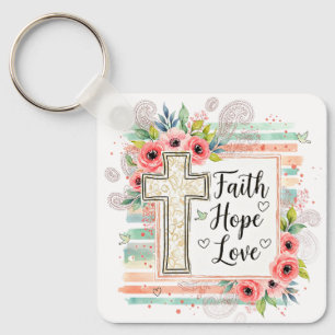 Shabby Chic floral Faith Hope Love Keychain