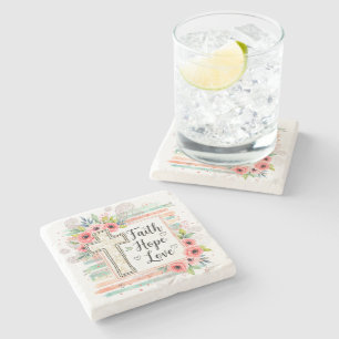 Shabby Chic floral Faith Hope Love Stone Coaster