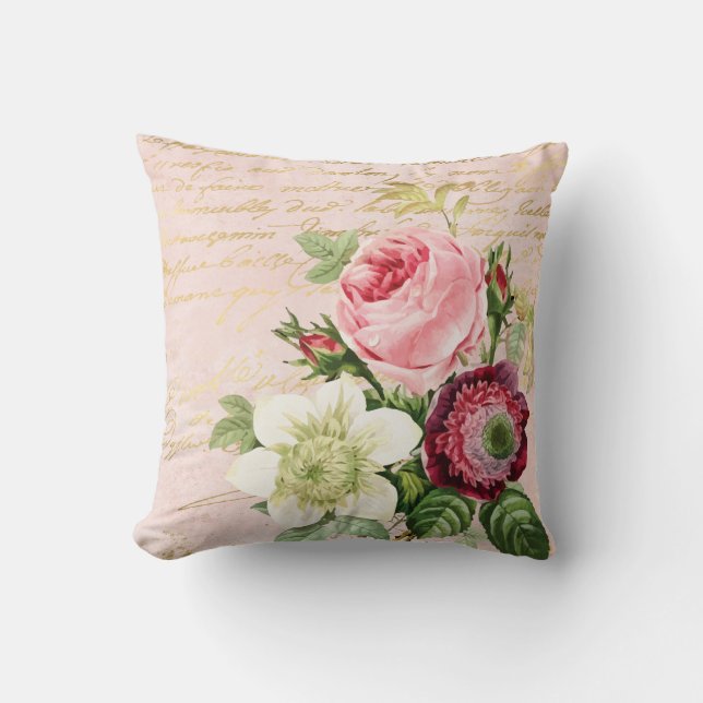 Shabby Chic Floral Gold Script on Blush Throw Pillow (Front)