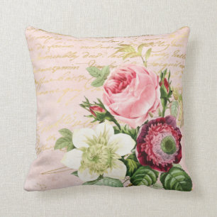 Shabby Chic Floral Gold Script on Blush Throw Pillow