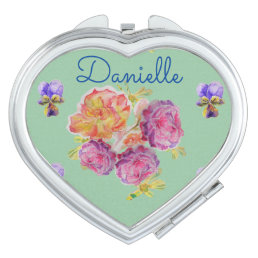 Shabby Chic floral Green Rose Name Compact Mirror