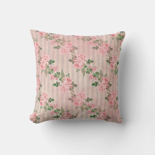 Shabby Chic Floral Grunge Stripes Pink Outdoor Pillow