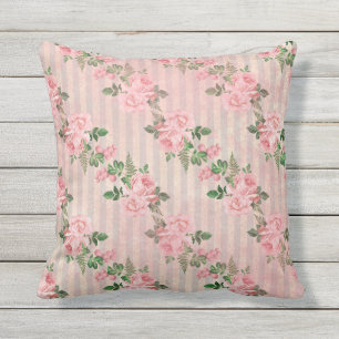 Shabby Chic Floral Grunge Stripes Pink Outdoor Pillow