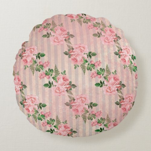 Shabby Chic Floral Grunge Stripes Pink Round Pillow