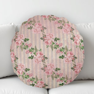 Shabby Chic Floral Grunge Stripes Pink Round Pillow