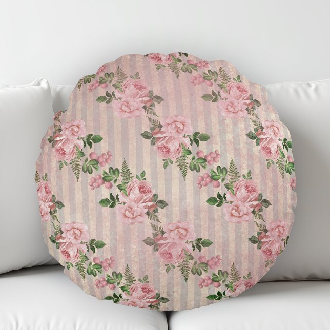 Shabby Chic Floral Grunge Stripes Pink Round Pillow (Creator Uploaded)