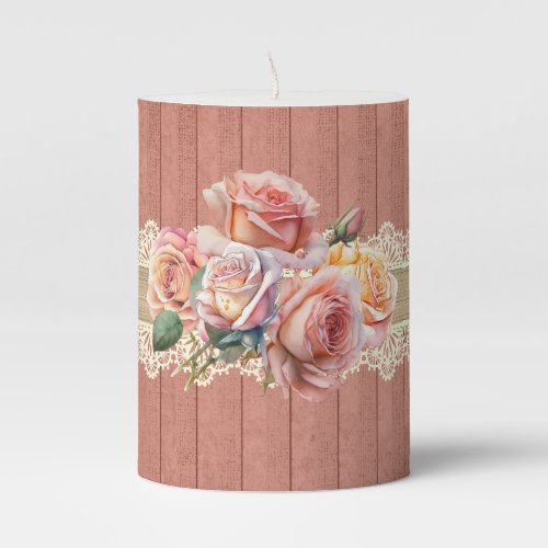 Shabby Chic Floral Lace and Burlap With Roses  Pillar Candle