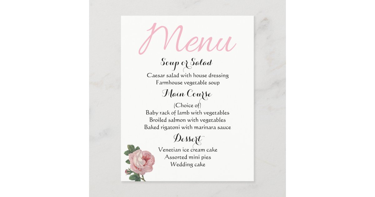 Shabby Chic Floral Menu Pink Rose Flowers Wedding | Zazzle.com
