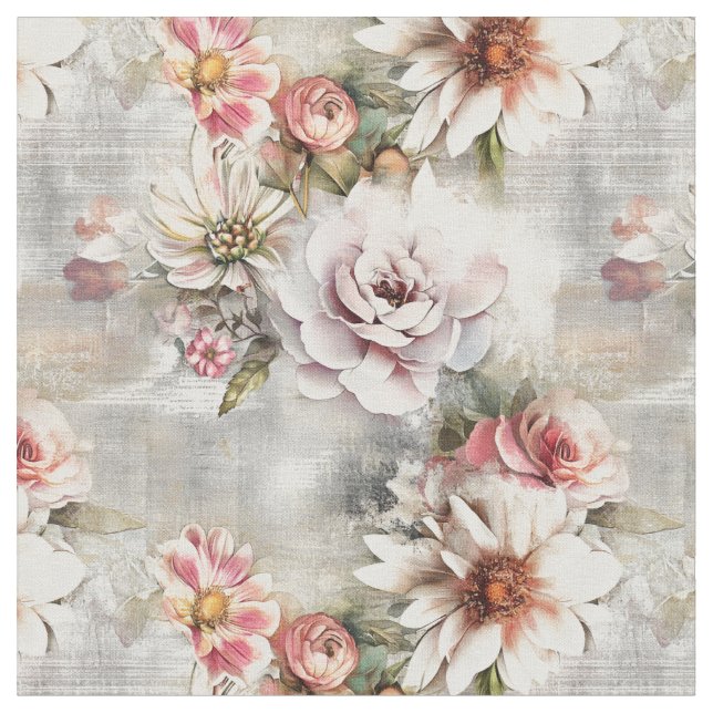 Shabby Chic Floral On Distressed Background Fabric (Close Up)
