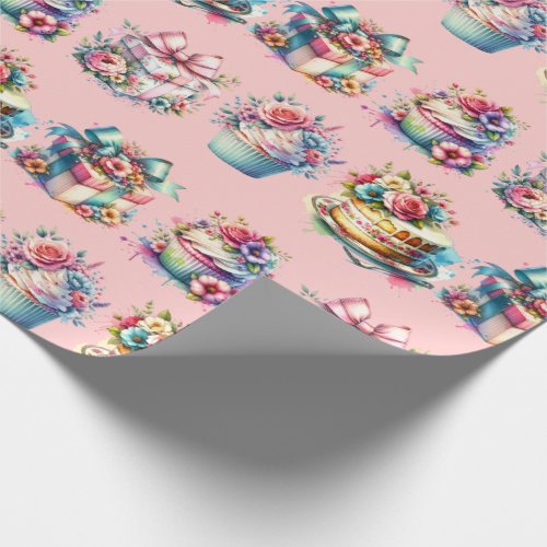 Shabby Chic Floral Pink and Blue Birthday Wrapping Paper