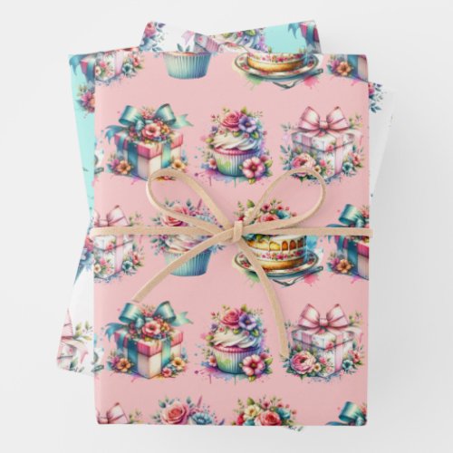 Shabby Chic Floral Pink and Blue Birthday Wrapping Paper Sheets
