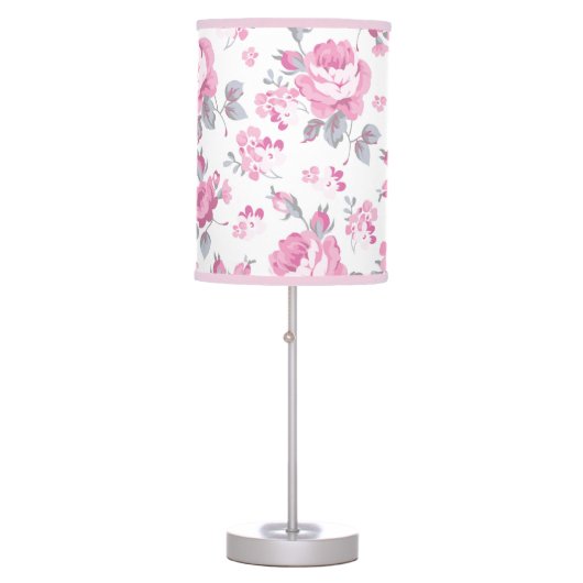 shabby chic floral, pink pattern,pale roses,white, table lamp (Front)