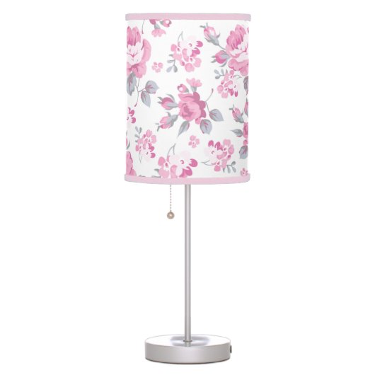 shabby chic floral, pink pattern,pale roses,white, table lamp (Right)