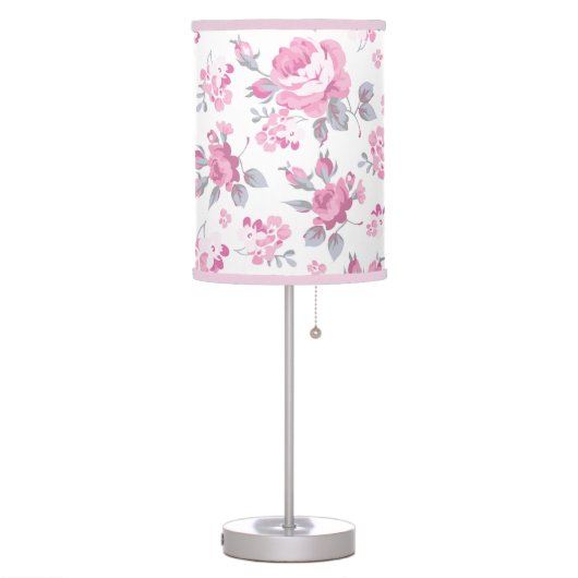 shabby chic floral, pink pattern,pale roses,white, table lamp (Left)