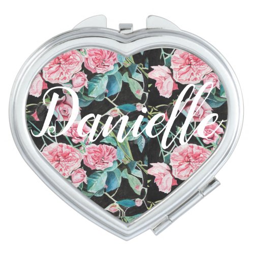 Shabby Chic floral Pink Rose Name Compact Mirror