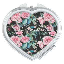 Shabby Chic floral Pink Rose Name Compact Mirror