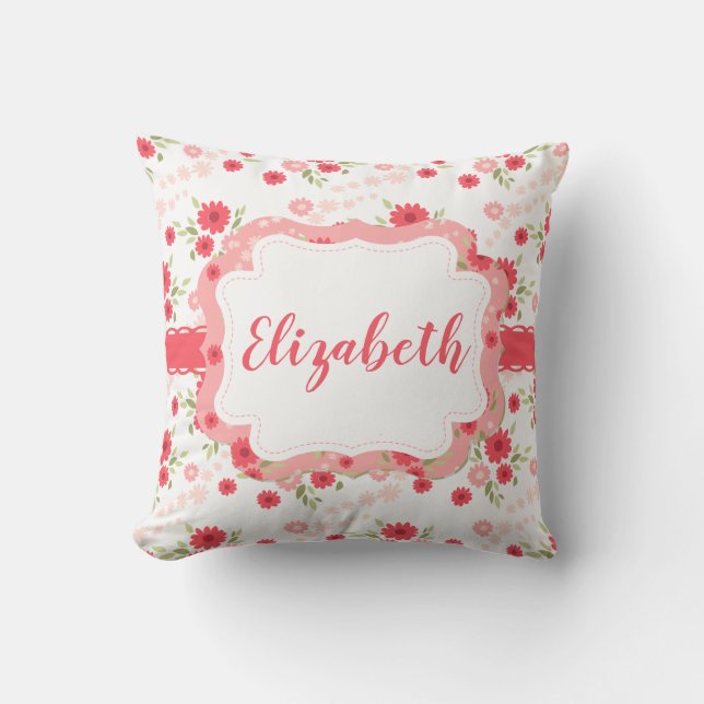 Shabby Chic Floral Pink White Flower Personalized Throw Pillow (Front)