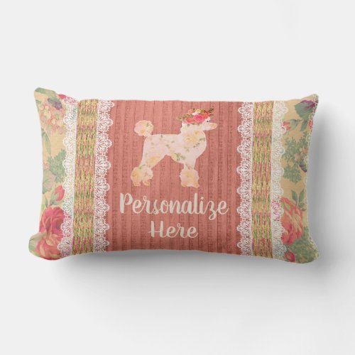 Shabby Chic Floral Poodle With Roses  Lumbar Pillow