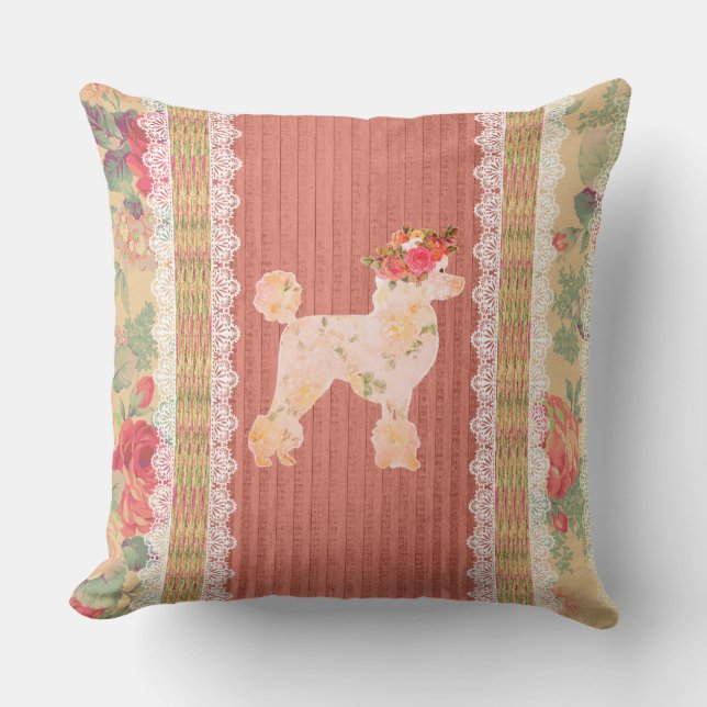 Shabby Chic Floral Poodle With Roses  Throw Pillow (Front)