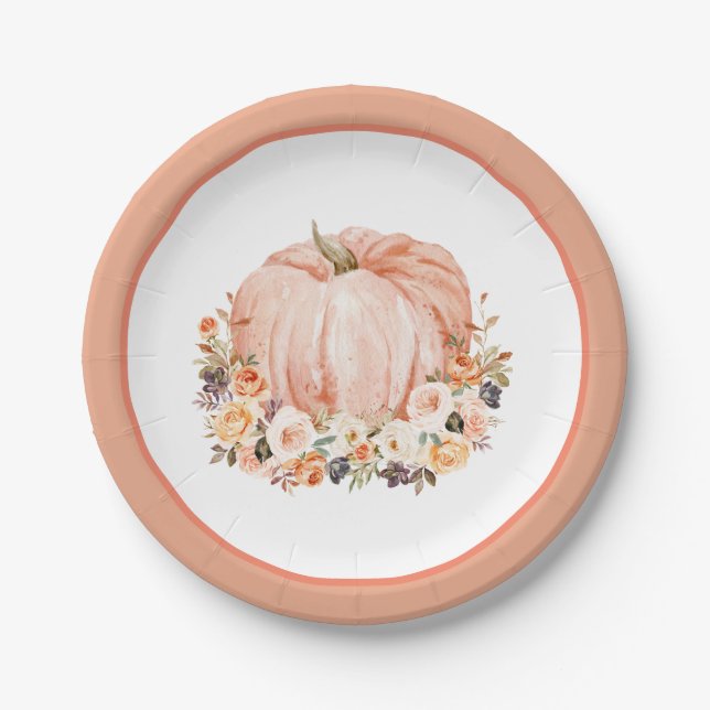 Shabby Chic Floral Pumpkin Paper Plates (Front)