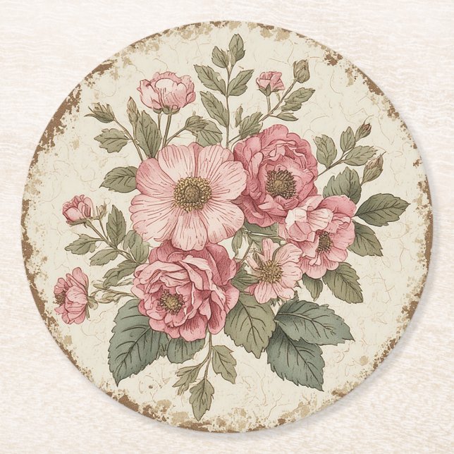 Shabby Chic Floral Round Paper Coaster (Front)
