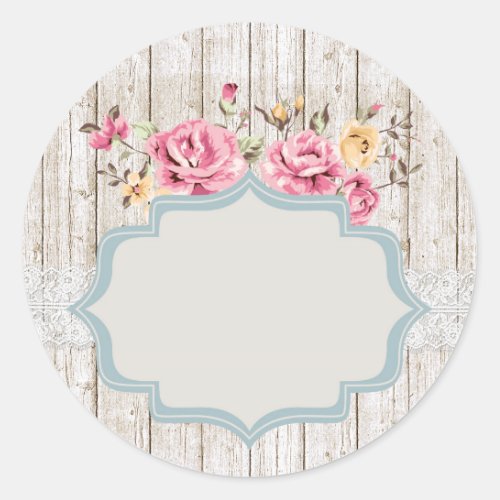 Shabby Chic Floral Rustic Wood  Lace Write_On Classic Round Sticker