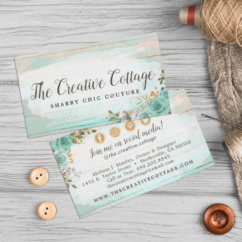 Shabby Chic Floral Rustic Wood Social Media Icons Business Card by CyanSkyDesign at Zazzle