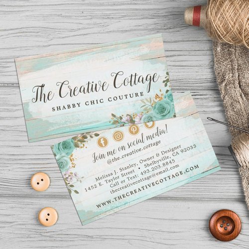 Shabby Chic Floral Rustic Wood Social Media Icons Business Card