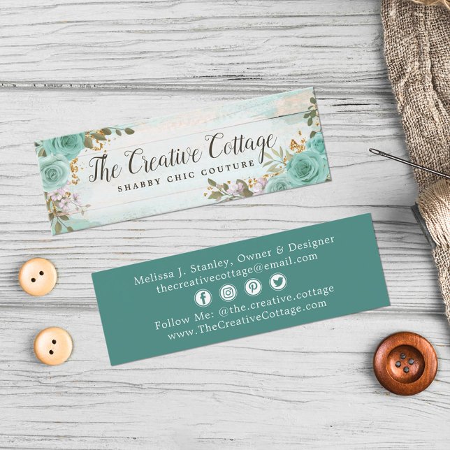 Shabby Chic Floral Rustic Wood Social Media Icons Mini Business Card (Creator Uploaded)