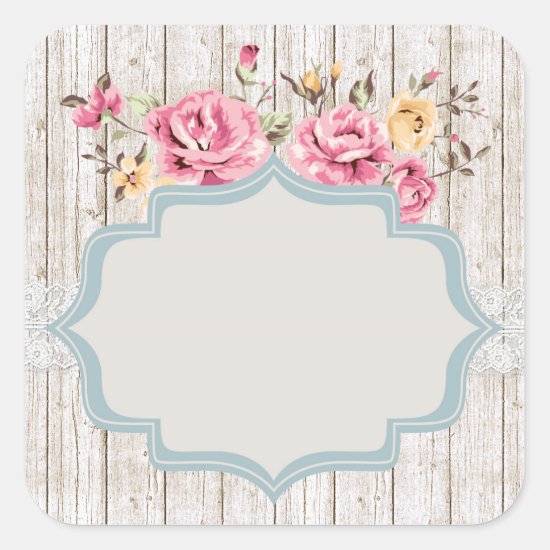 Shabby Chic Floral Rustic Wood & Vintage Lace Square Sticker