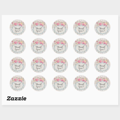 Shabby Chic Floral Rustic Wood Vintage Thank You Classic Round Sticker ...