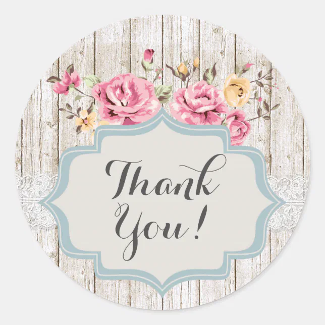 Shabby Chic Floral Rustic Wood Vintage Thank You Classic Round Sticker ...