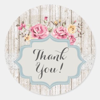 Shabby Chic Floral Rustic Wood Vintage Thank You Classic Round Sticker