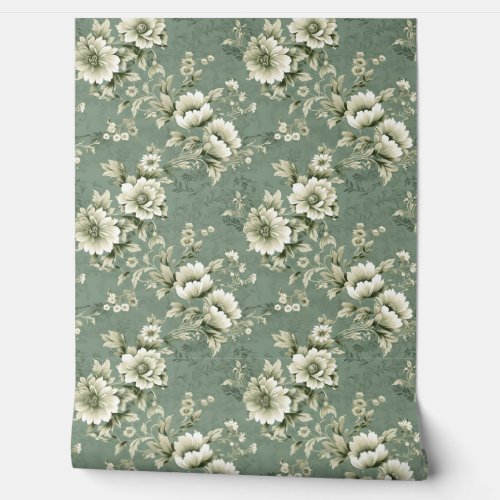 Shabby chic floral soft pastel green ivory roses wallpaper 